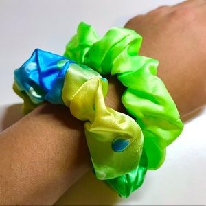 Neon Blue/Green Satin Scrunchie Bundle